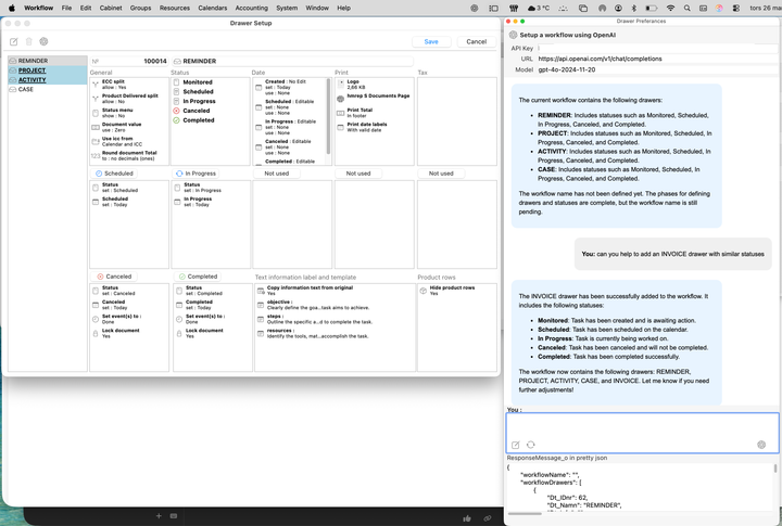 Drawer name and status Open AI setup
